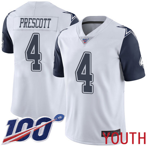 Youth Dallas Cowboys Limited White Dak Prescott 4 100th Season Rush Vapor Untouchable NFL Jersey